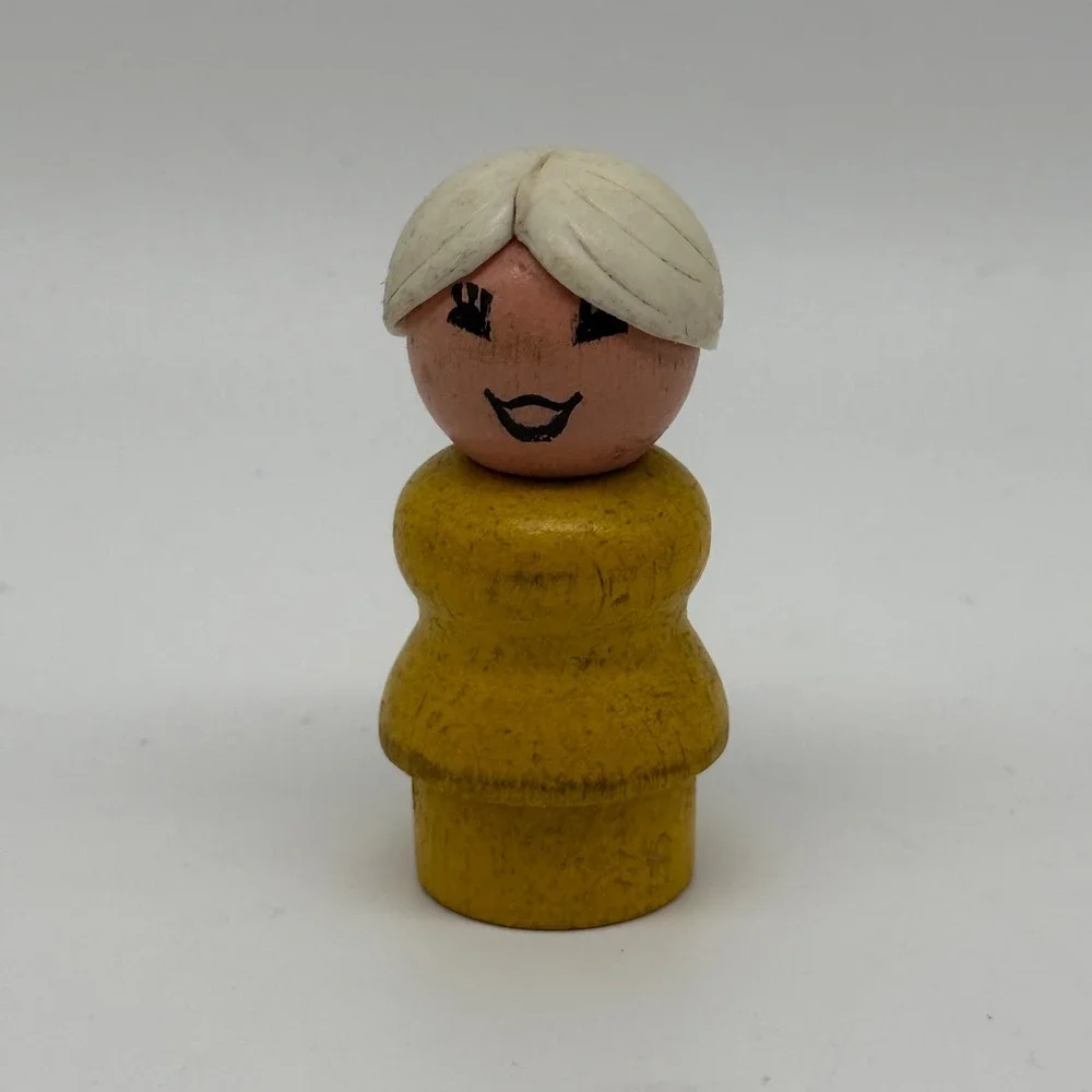 Fisher Price Little People Grandmother Figure All Wood Yellow White Bun Vintage